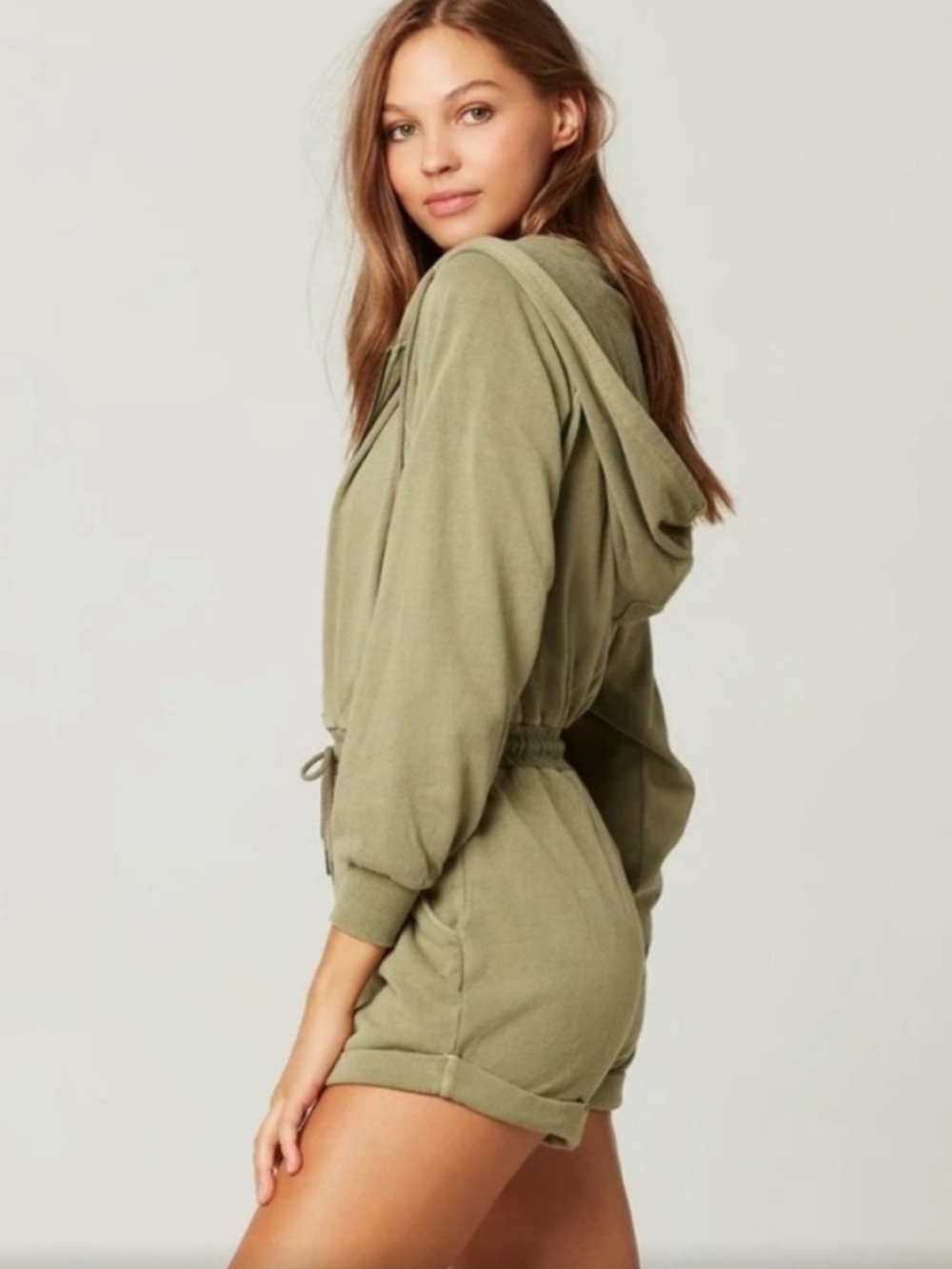 NATURAL LIFE Charlie Deep V Neck Olive Green and Khaki Hooded Romper Jumpsuit